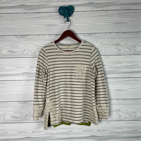 Matilda Jane Sweaters - Matilda Jane Cream Olive Green Striped Crochet Trim Sweater Shirt Top Small